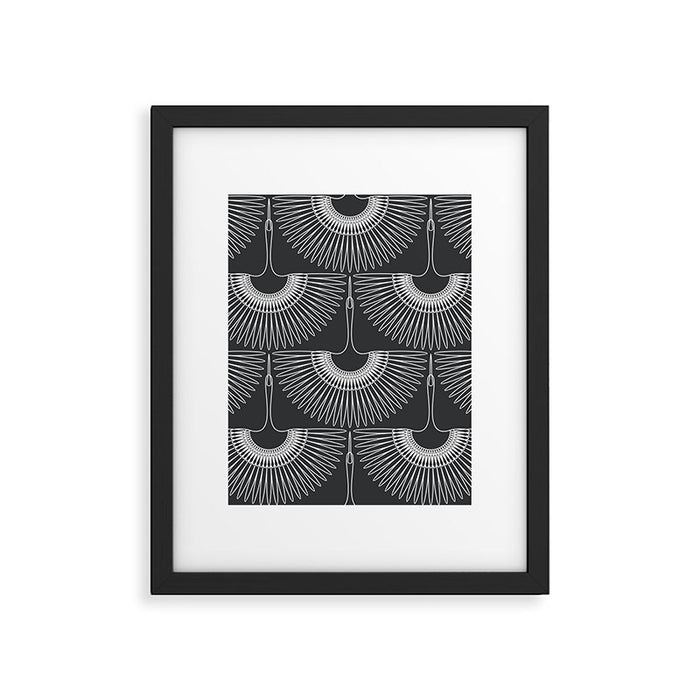 Japanese Crane Ornate Art Deco Dark Monochrome Pattern Framed Art Print Gallery Image 1