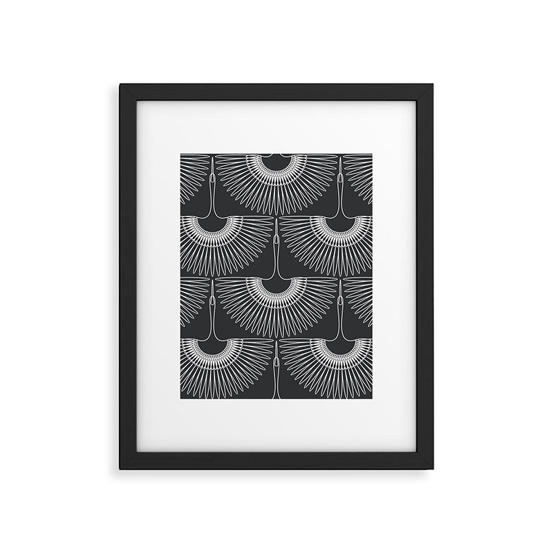 Japanese Crane Ornate Art Deco Dark Monochrome Pattern Framed Art Print Gallery Image 6
