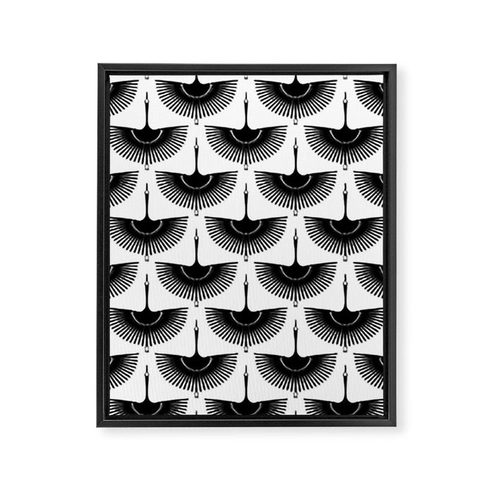 Japanese Crane Ornate Art Deco Monochrome Pattern Framed Canvas Print Gallery Image 1