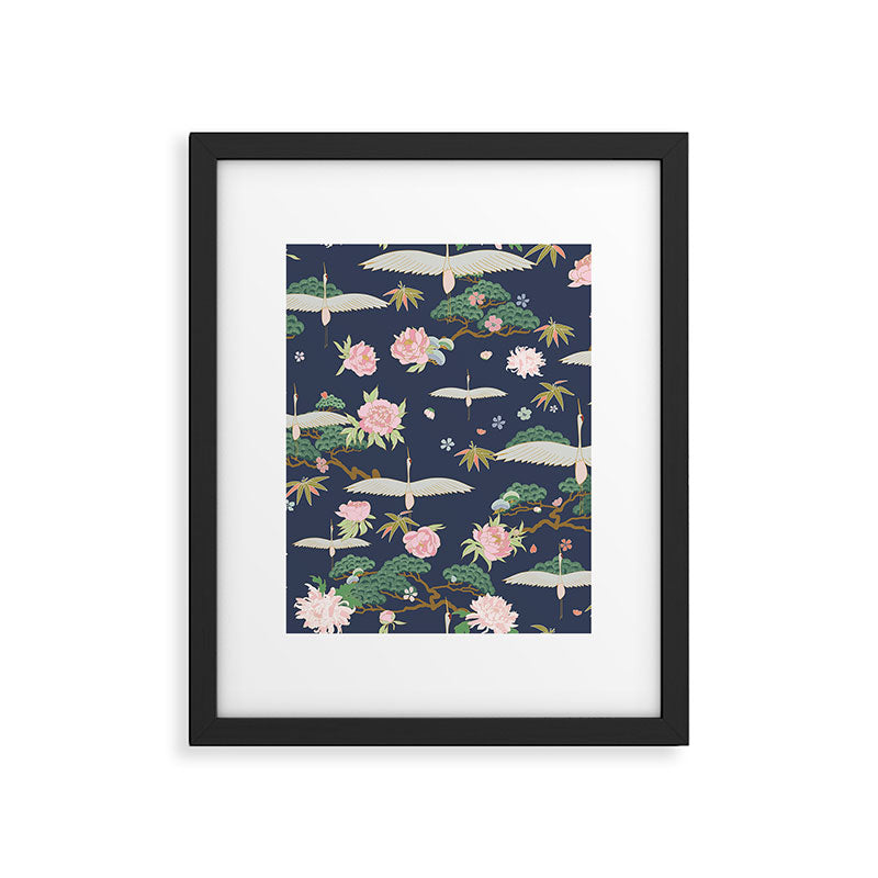 Japanese Crane Tropical Exotic Flower Pattern Framed Art Print Gallery Image 6