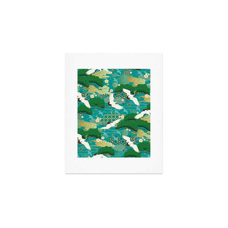 Japanese Flying Crane Aqua Mint Forest Pattern Art Print Gallery Image 1