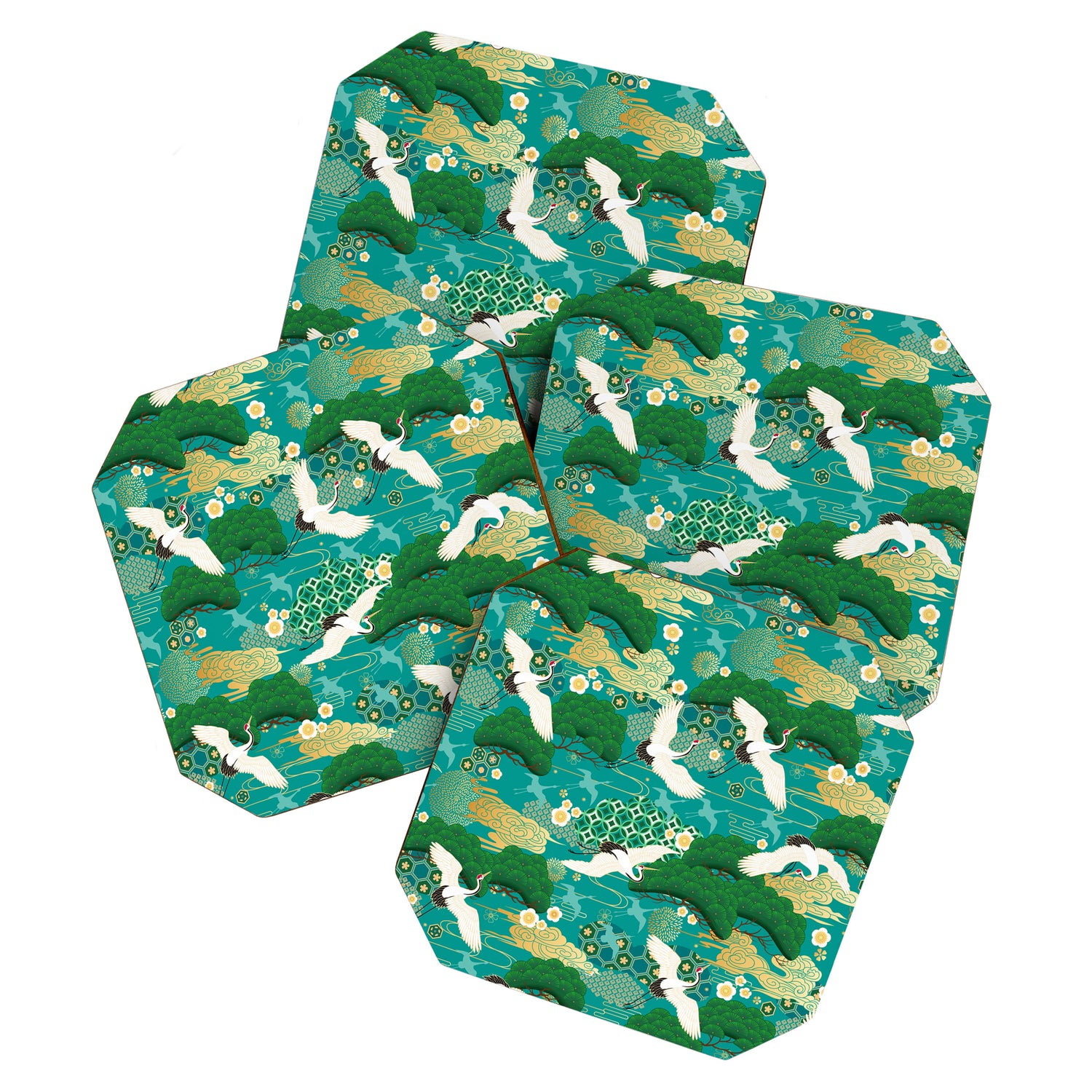 Japanese Flying Crane Aqua Mint Forest Pattern Coaster Gallery Image 1