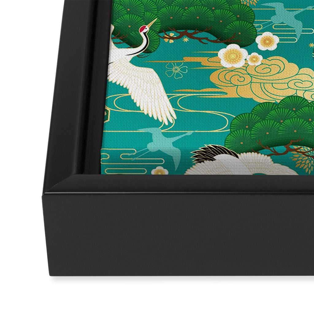 Japanese Flying Crane Aqua Mint Forest Pattern Framed Canvas Print Gallery Image 3