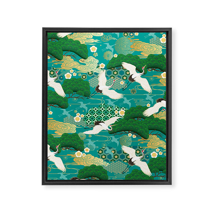 Japanese Flying Crane Aqua Mint Forest Pattern Framed Canvas Print Gallery Image 1