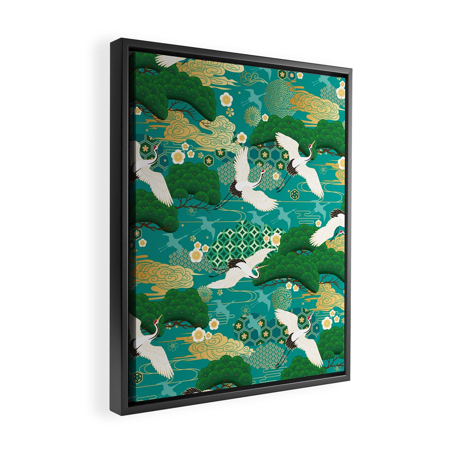 Japanese Flying Crane Aqua Mint Forest Pattern Framed Canvas Print Gallery Image 2