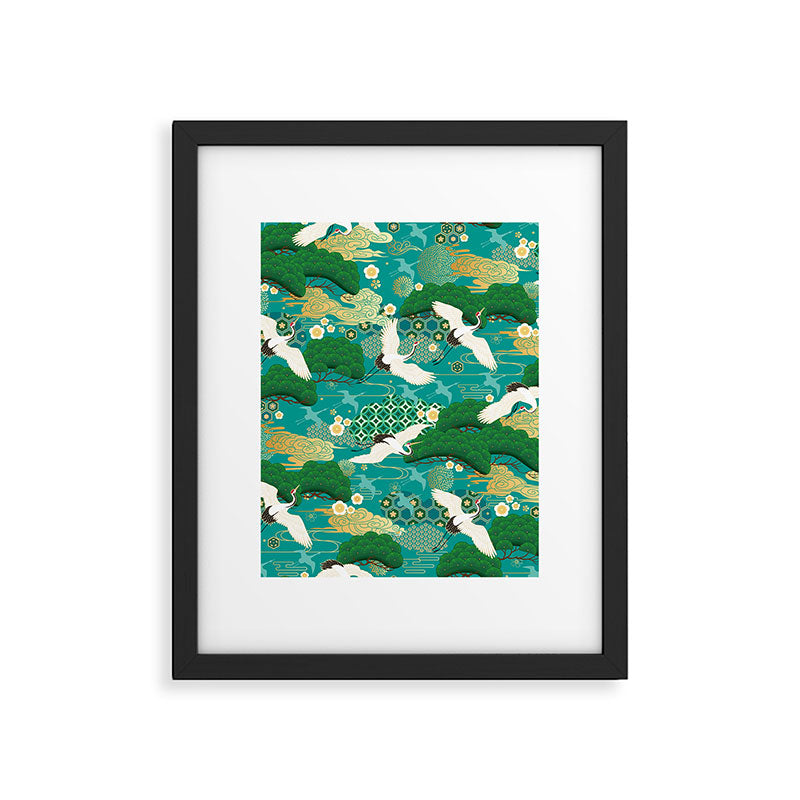 Japanese Flying Crane Aqua Mint Forest Pattern Framed Art Print Gallery Image 6