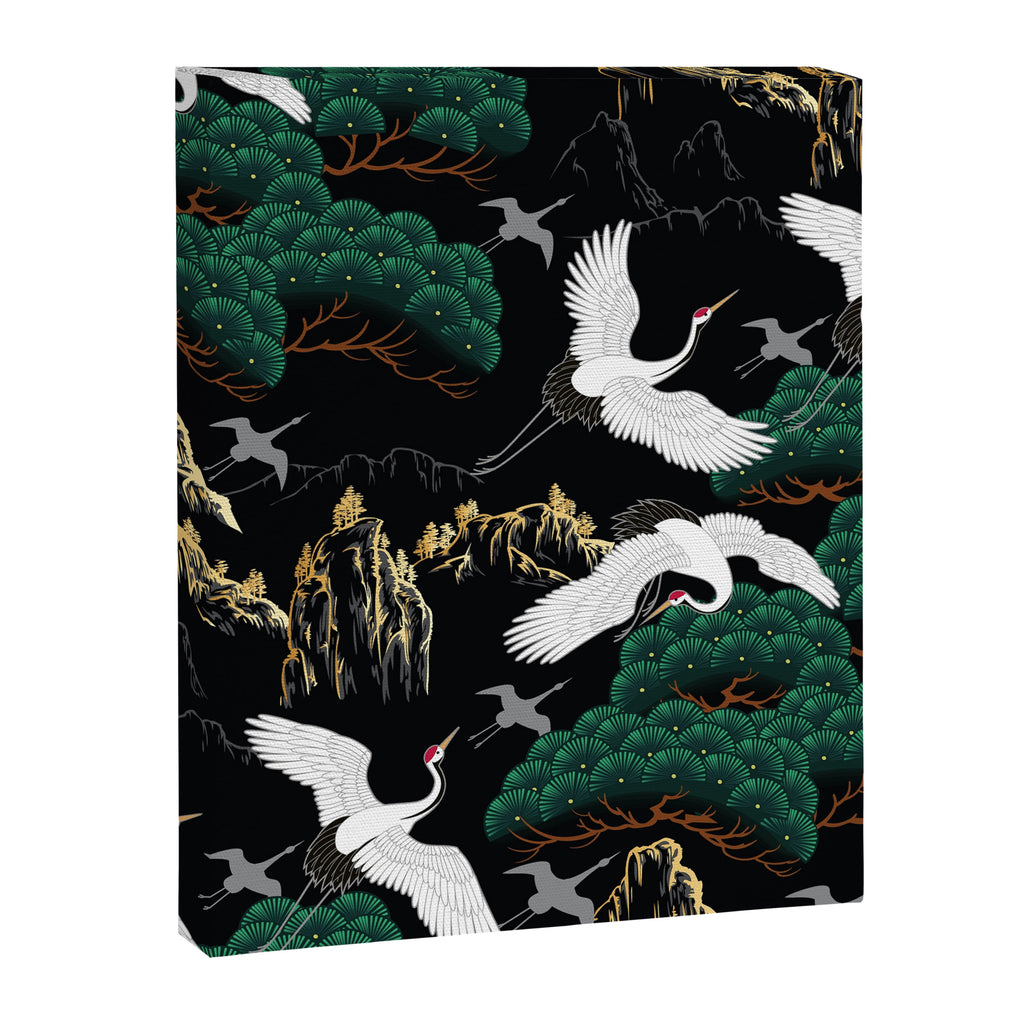 Japanese Flying Crane Wild Emerald Forest Pattern Canvas Print Gallery Image 8