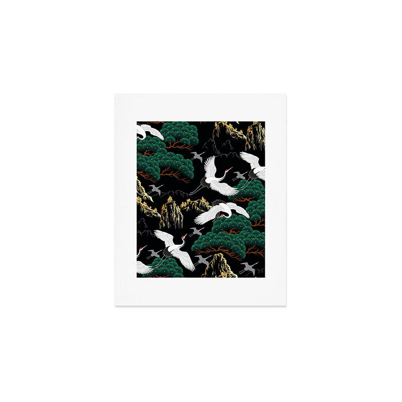 Japanese Flying Crane Wild Emerald Forest Pattern Art Print Gallery Image 1