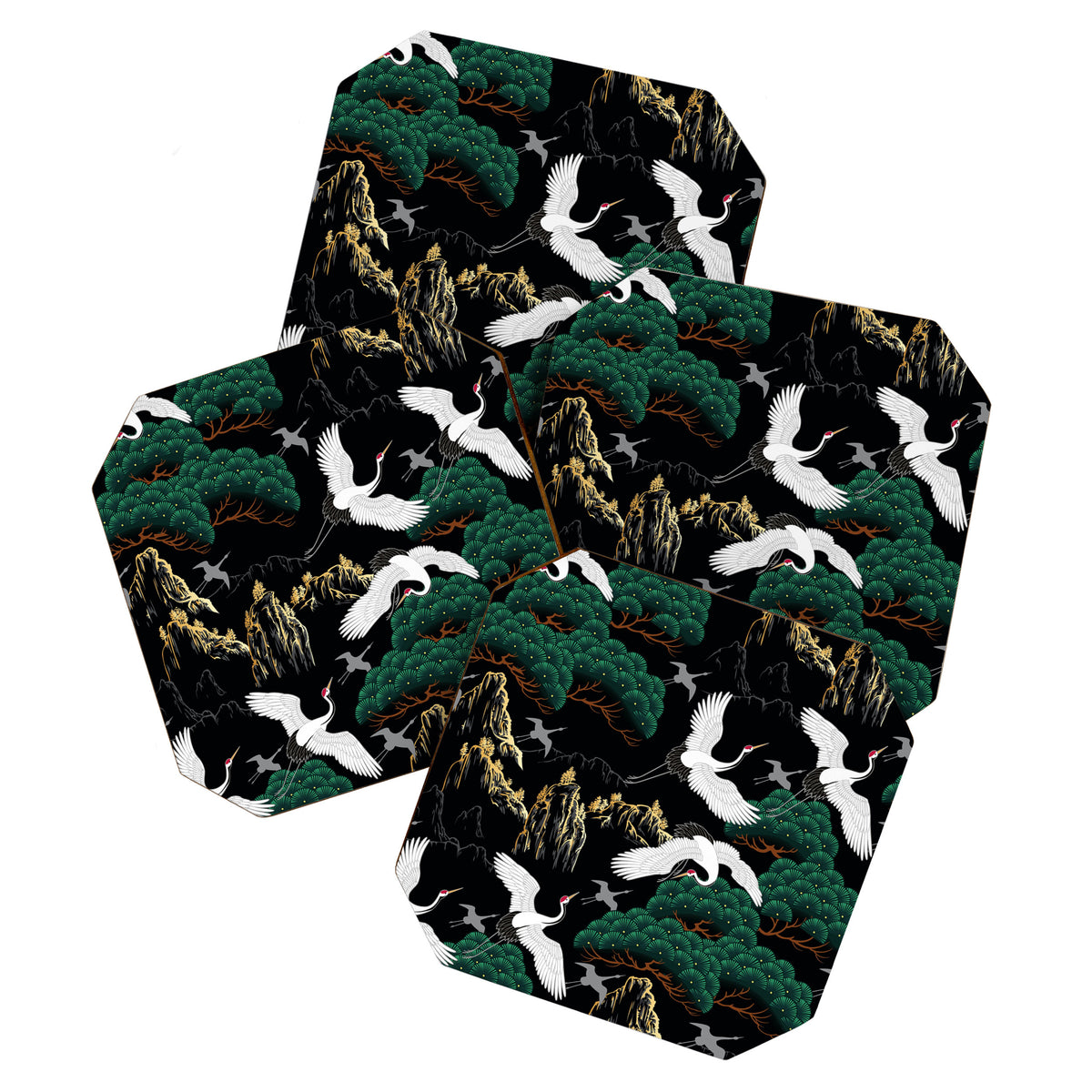 Japanese Flying Crane Wild Emerald Forest Pattern Coaster Gallery Image 1