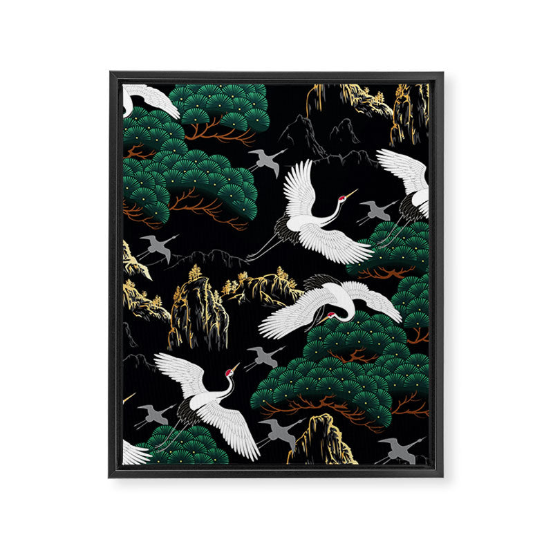 Japanese Flying Crane Wild Emerald Forest Pattern Framed Canvas Print Gallery Image 8