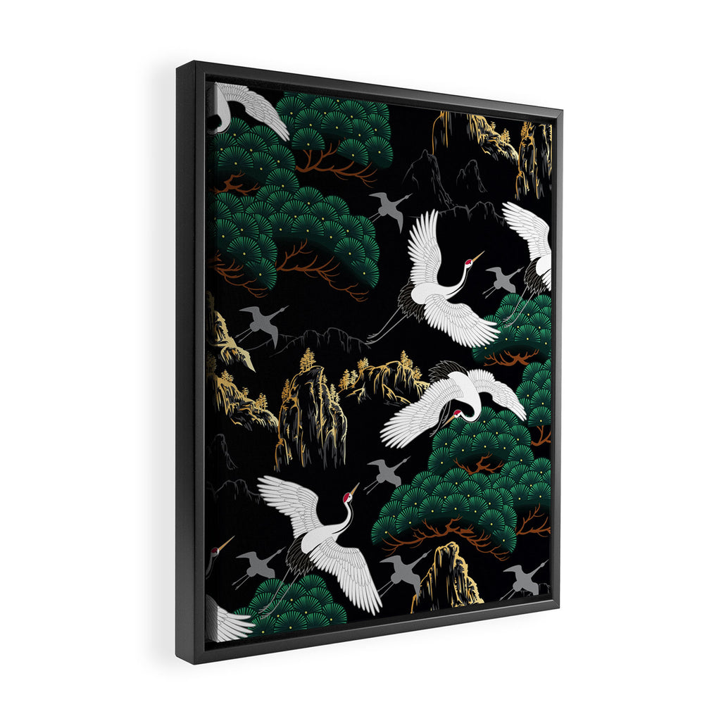 Japanese Flying Crane Wild Emerald Forest Pattern Framed Canvas Print Gallery Image 2
