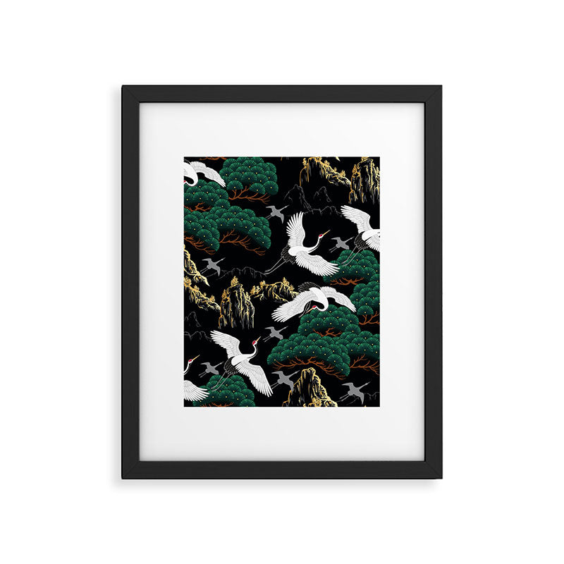 Japanese Flying Crane Wild Emerald Forest Pattern Framed Art Print Gallery Image 6