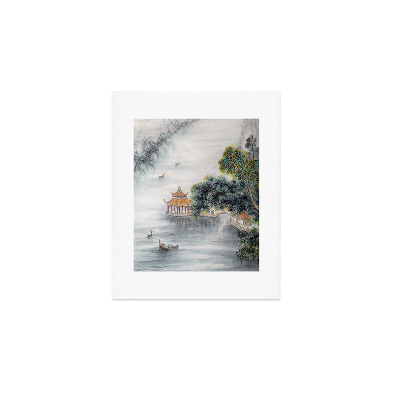 Japanese Misty Mountain Pagoda Temple Landscape Art Print Gallery Image 1