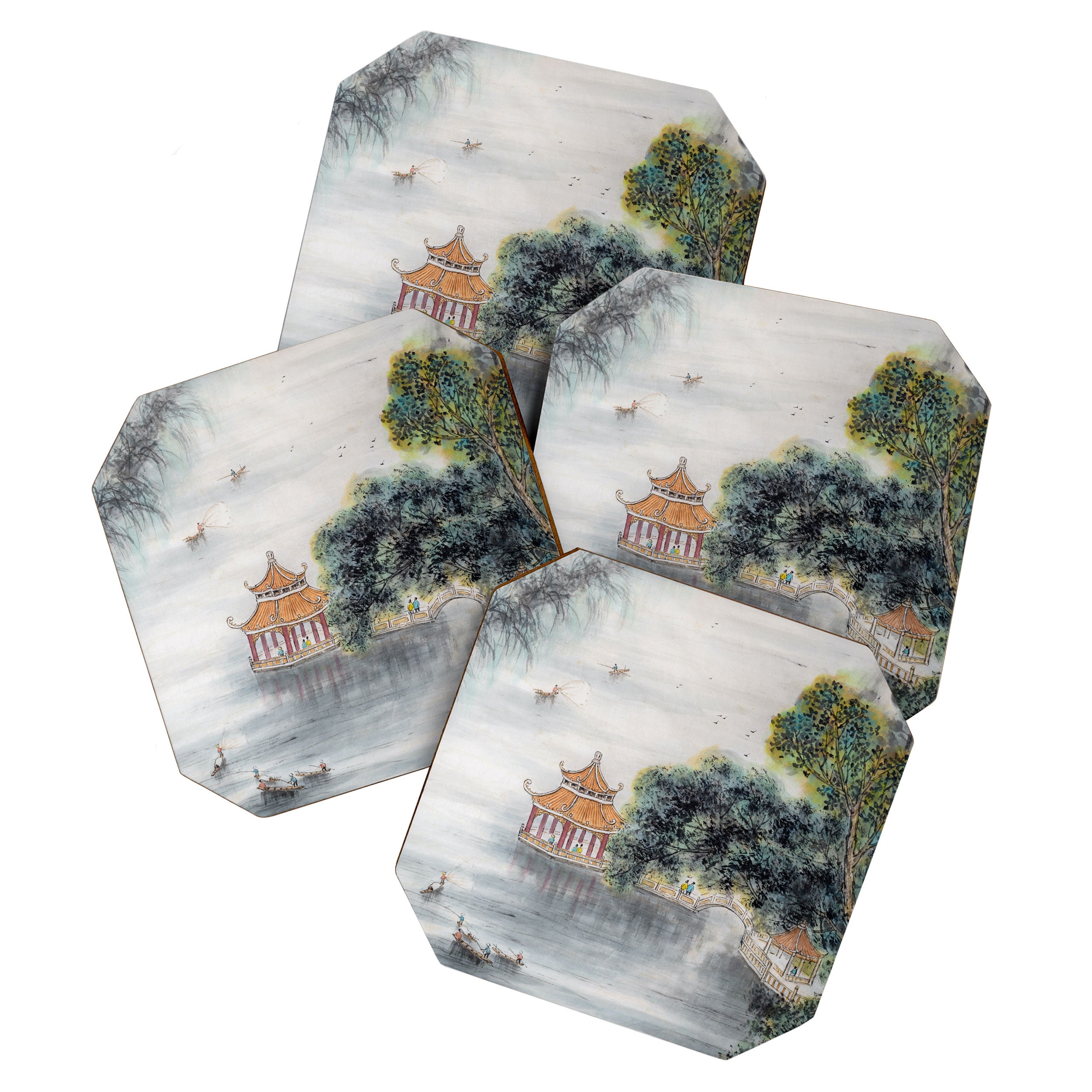 Japanese Misty Mountain Pagoda Temple Landscape Coaster Gallery Image 1