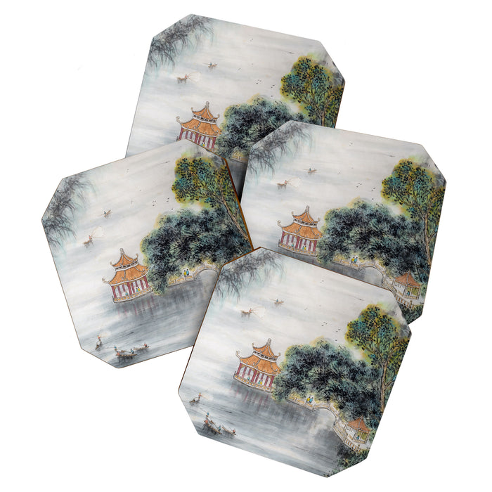 Japanese Misty Mountain Pagoda Temple Landscape Coaster Gallery Image 1