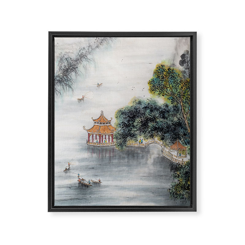 Japanese Misty Mountain Pagoda Temple Landscape Framed Canvas Print Gallery Image 6