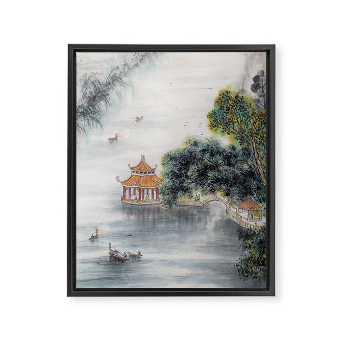 Japanese Misty Mountain Pagoda Temple Landscape Framed Canvas Print Gallery Image 1