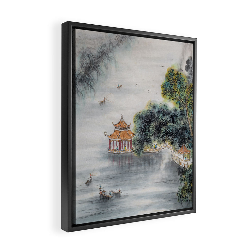 Japanese Misty Mountain Pagoda Temple Landscape Framed Canvas Print Gallery Image 2