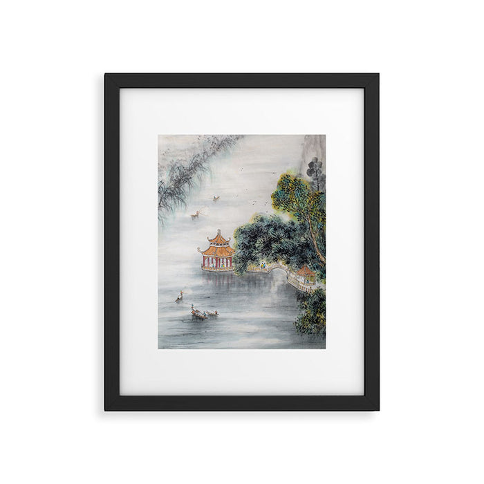 Japanese Misty Mountain Pagoda Temple Landscape Framed Art Print Gallery Image 1