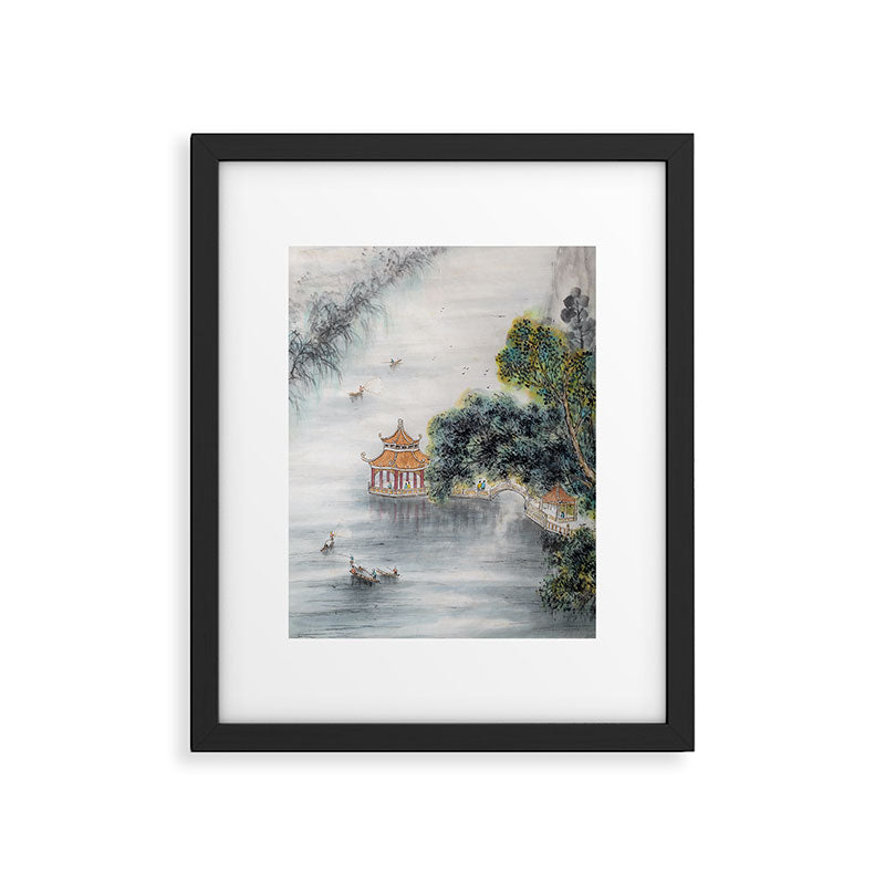 Japanese Misty Mountain Pagoda Temple Landscape Framed Art Print Gallery Image 5