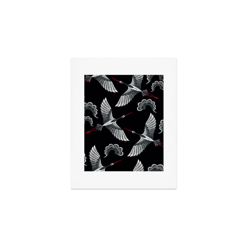 Japanese Ornate Heron Pattern Black & Silver White Art Print Gallery Image 1