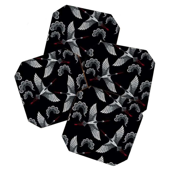 Japanese Ornate Heron Pattern Black & Silver White Coaster Gallery Image 1