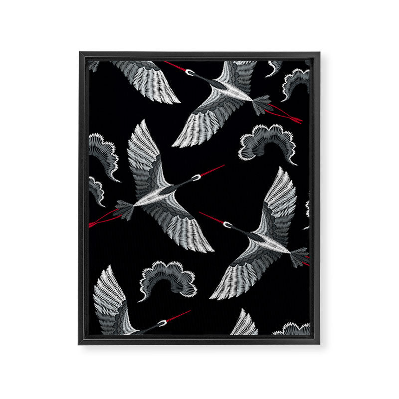 Japanese Ornate Heron Pattern Black & Silver White Framed Canvas Print Gallery Image 8