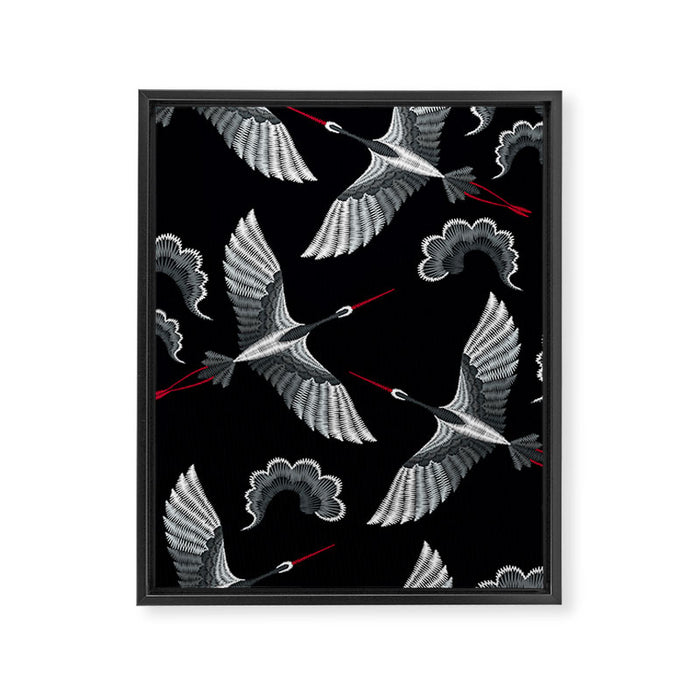 Japanese Ornate Heron Pattern Black & Silver White Framed Canvas Print Gallery Image 1