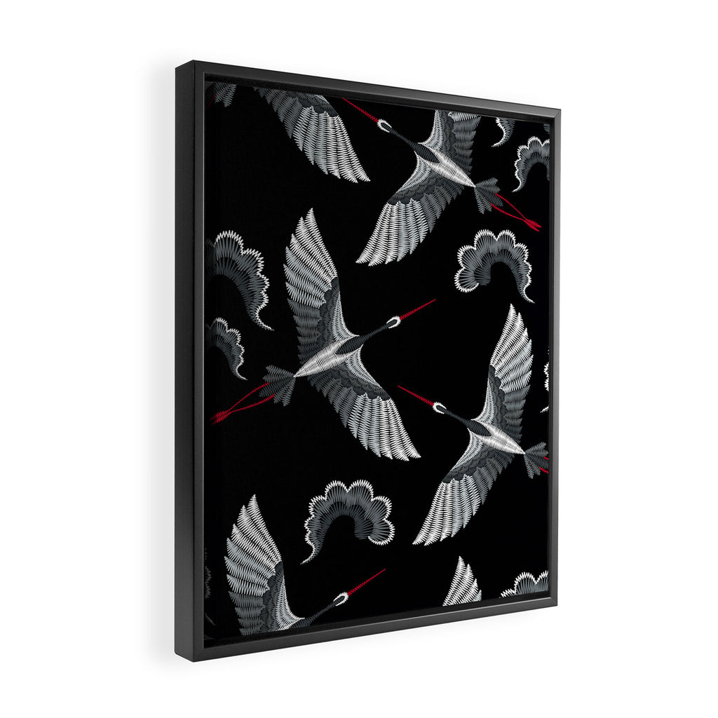 Japanese Ornate Heron Pattern Black & Silver White Framed Canvas Print Gallery Image 2