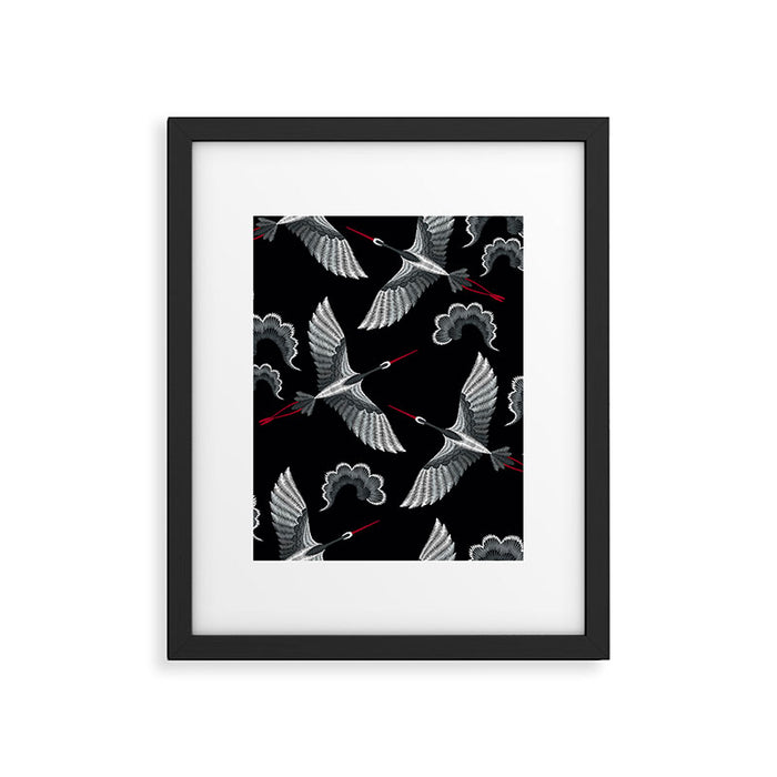 Japanese Ornate Heron Pattern Black & Silver White Framed Art Print Gallery Image 1