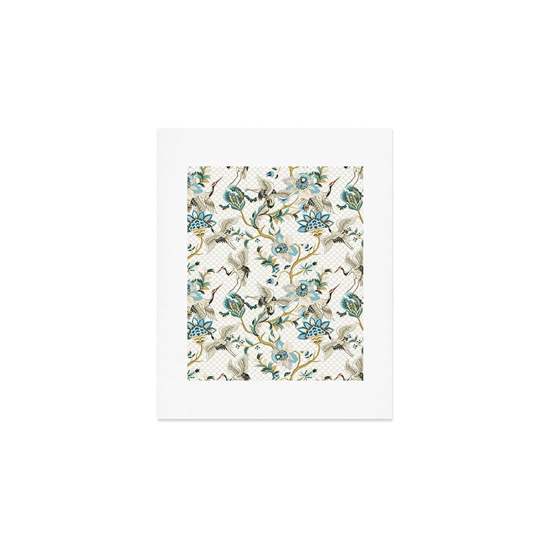 Japanese Ornate Heron Pattern Ivory Silver Blue II Art Print Gallery Image 1