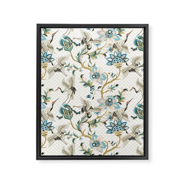 Japanese Ornate Heron Pattern Ivory Silver Blue II Framed Canvas Print Gallery Image 1