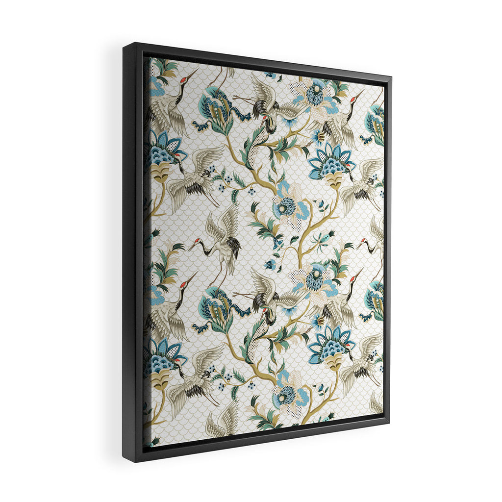 Japanese Ornate Heron Pattern Ivory Silver Blue II Framed Canvas Print Gallery Image 2