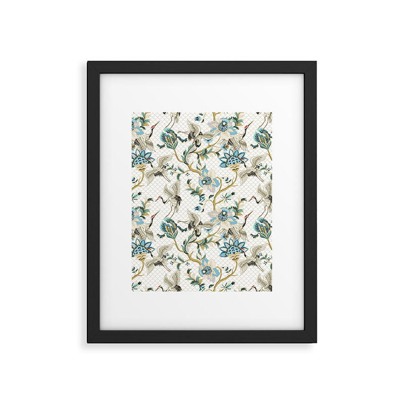 Japanese Ornate Heron Pattern Ivory Silver Blue II Framed Art Print Gallery Image 6