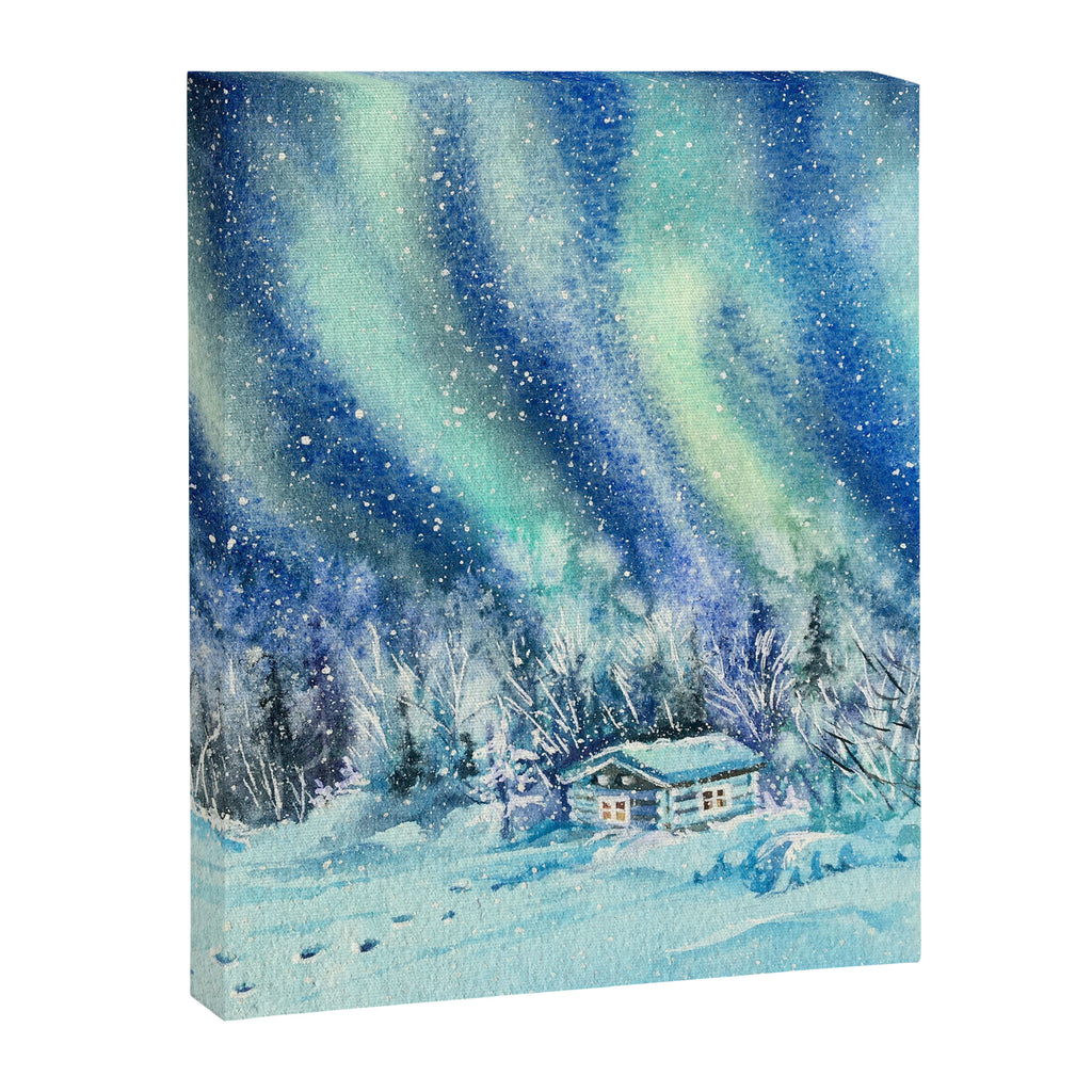 Magical Log Cabin Snowy Northern Lights Forest Landscape Canvas Print Gallery Image 6
