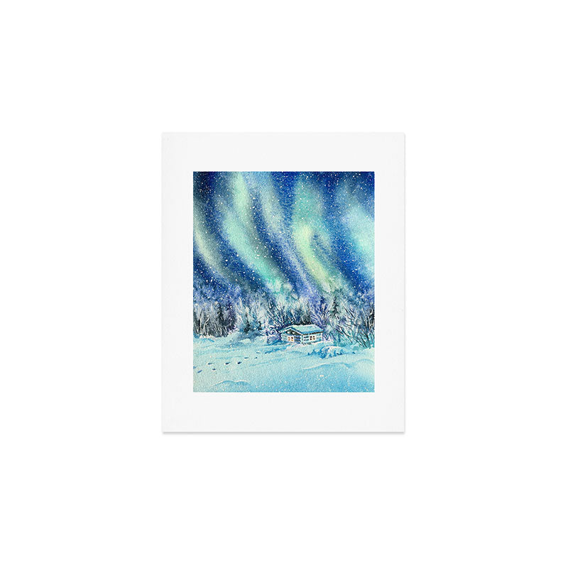 Magical Log Cabin Snowy Northern Lights Forest Landscape Art Print Gallery Image 1