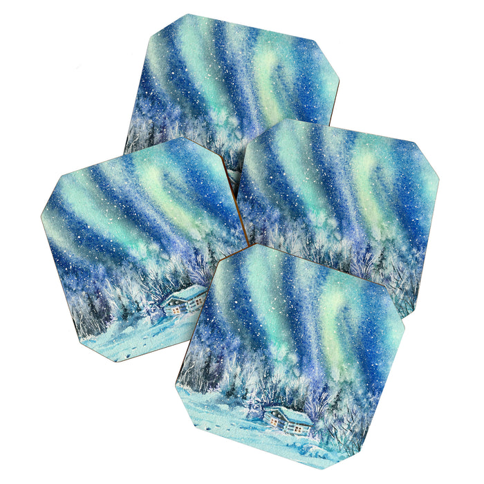 Magical Log Cabin Snowy Northern Lights Forest Landscape Coaster Gallery Image 1