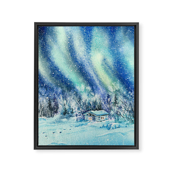 Magical Log Cabin Snowy Northern Lights Forest Landscape Framed Canvas Print Gallery Image 1
