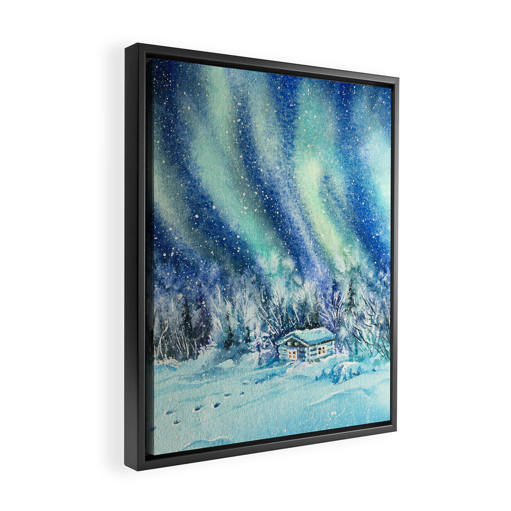 Magical Log Cabin Snowy Northern Lights Forest Landscape Framed Canvas Print Gallery Image 2