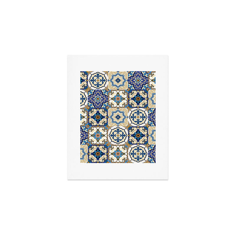 Mediterranean Vintage Portuguese Tile Pattern Blue White & Gold Art Art Print Gallery Image 1