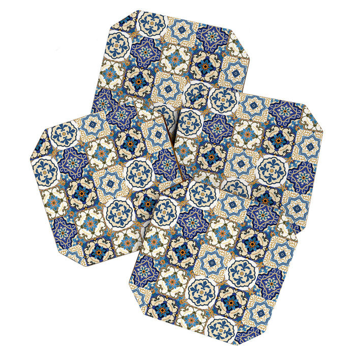 Mediterranean Vintage Portuguese Tile Pattern Blue White & Gold Art Coaster Gallery Image 1