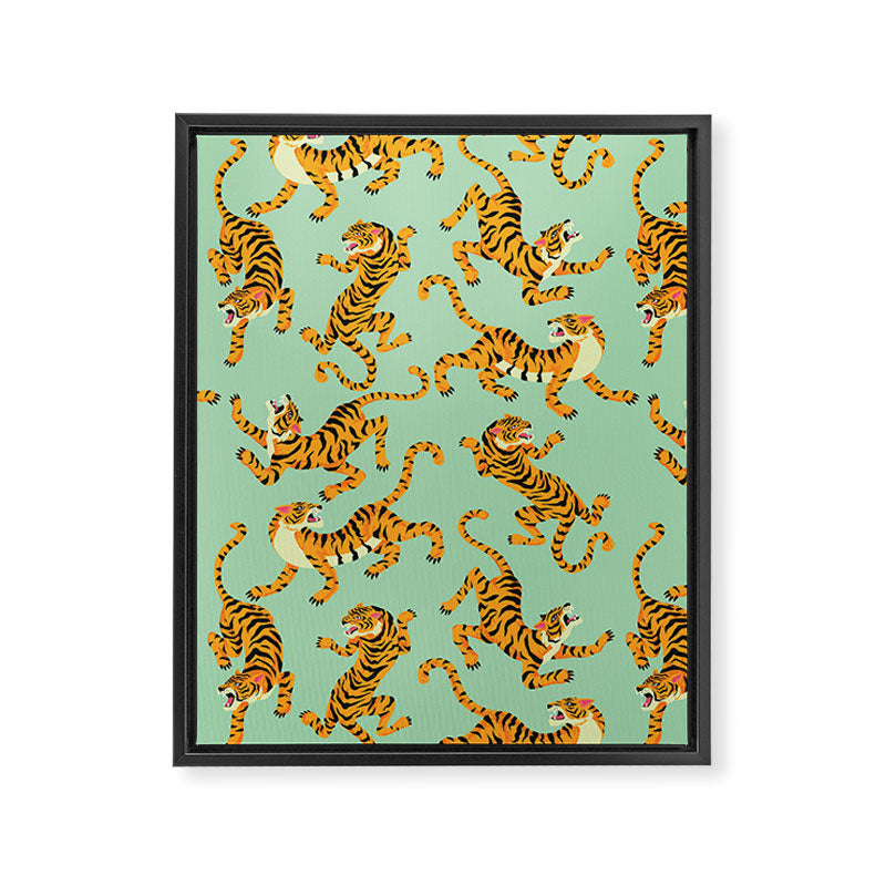 Mint Green Roaring Tiger Pattern Framed Canvas Print Gallery Image 8
