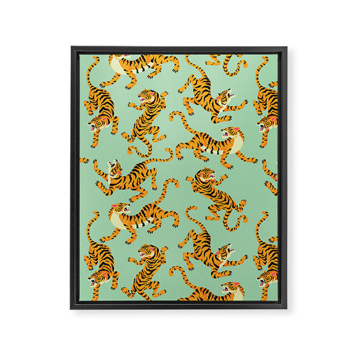 Mint Green Roaring Tiger Pattern Framed Canvas Print Gallery Image 1