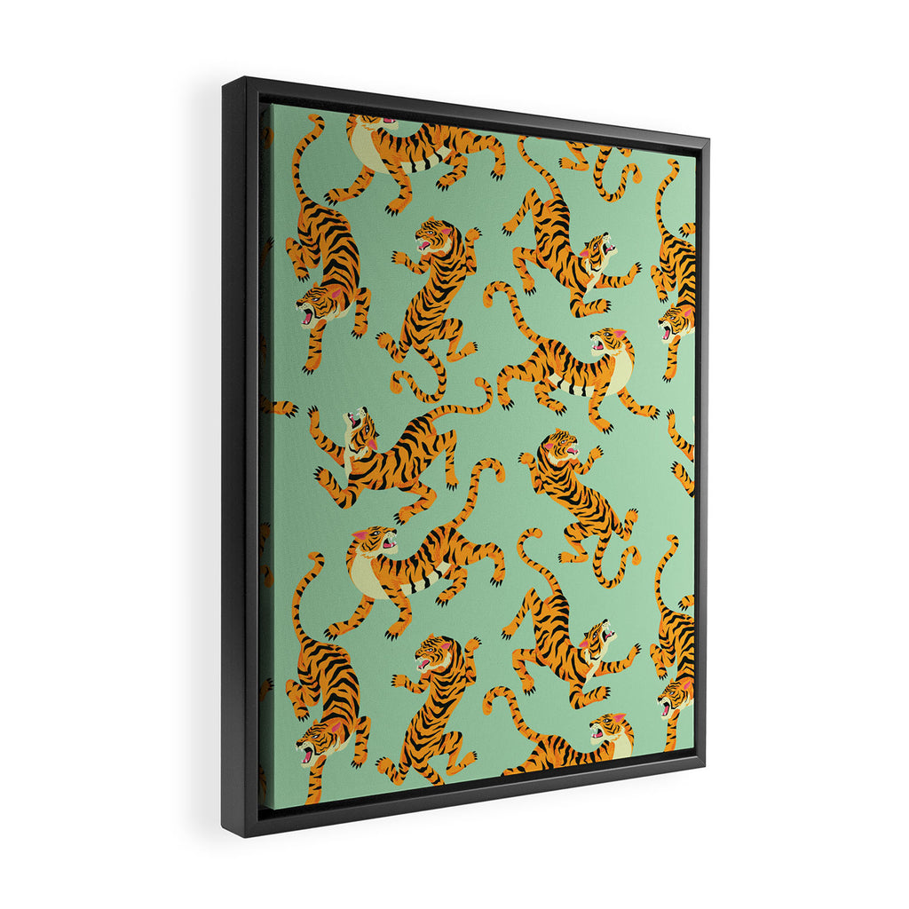 Mint Green Roaring Tiger Pattern Framed Canvas Print Gallery Image 2