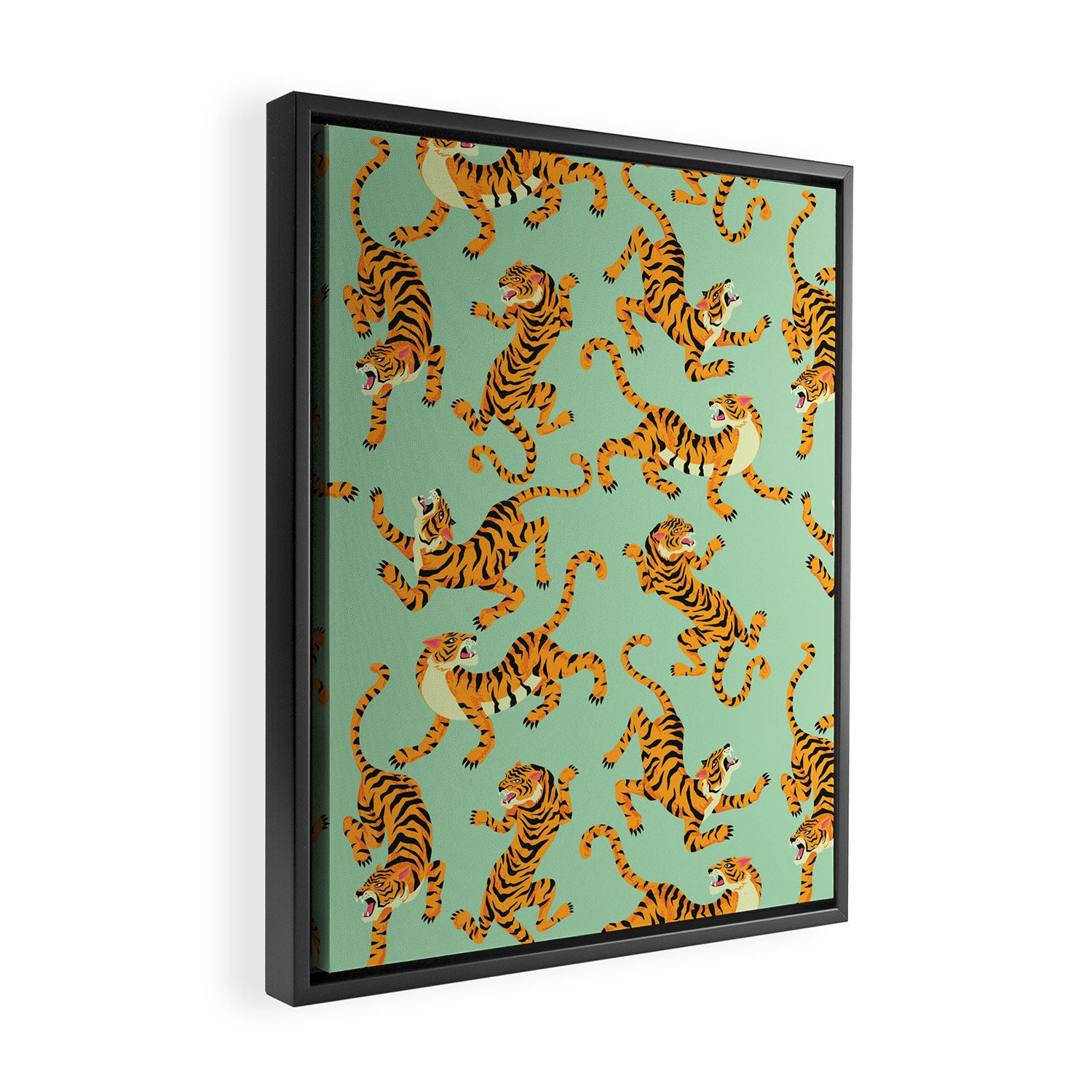 Mint Green Roaring Tiger Pattern Framed Canvas Print Gallery Image 2