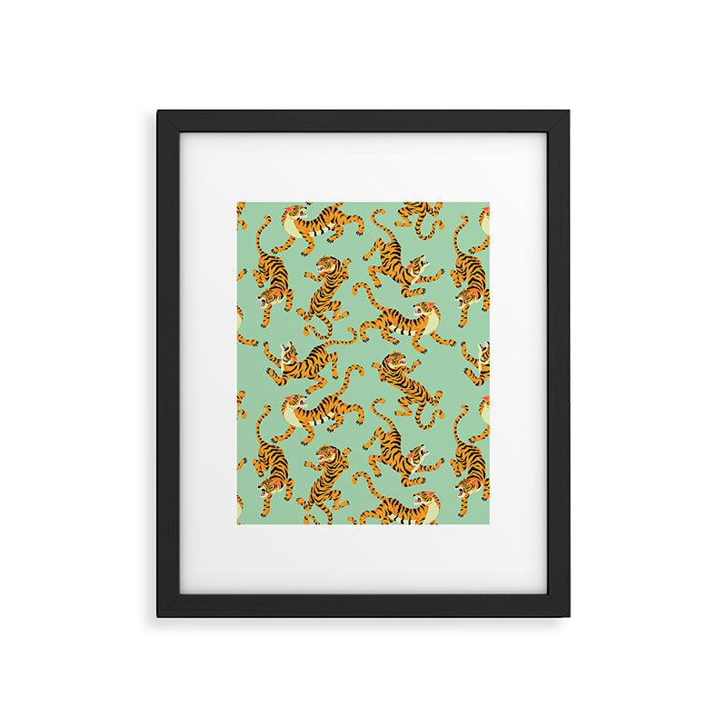 Mint Green Roaring Tiger Pattern Framed Art Print Gallery Image 6