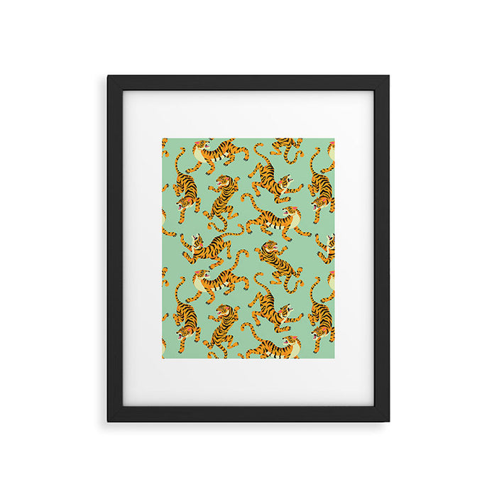 Mint Green Roaring Tiger Pattern Framed Art Print Gallery Image 1