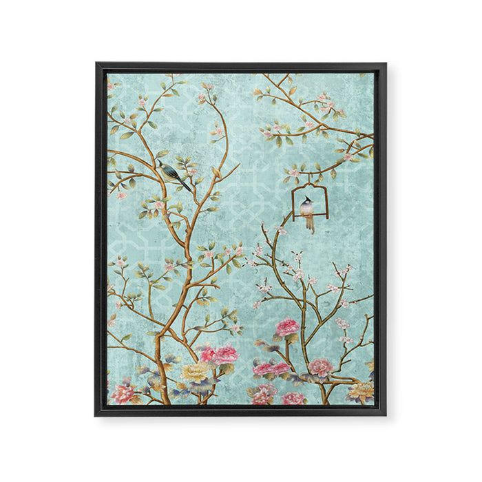 Romantic Chinoiserie Aqua Zen Garden Framed Canvas Print Gallery Image 1