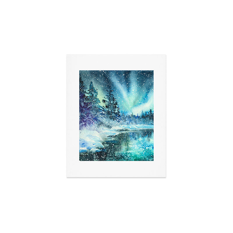 Snowy Northern Lights Forest Landscape Art Print Gallery Image 1