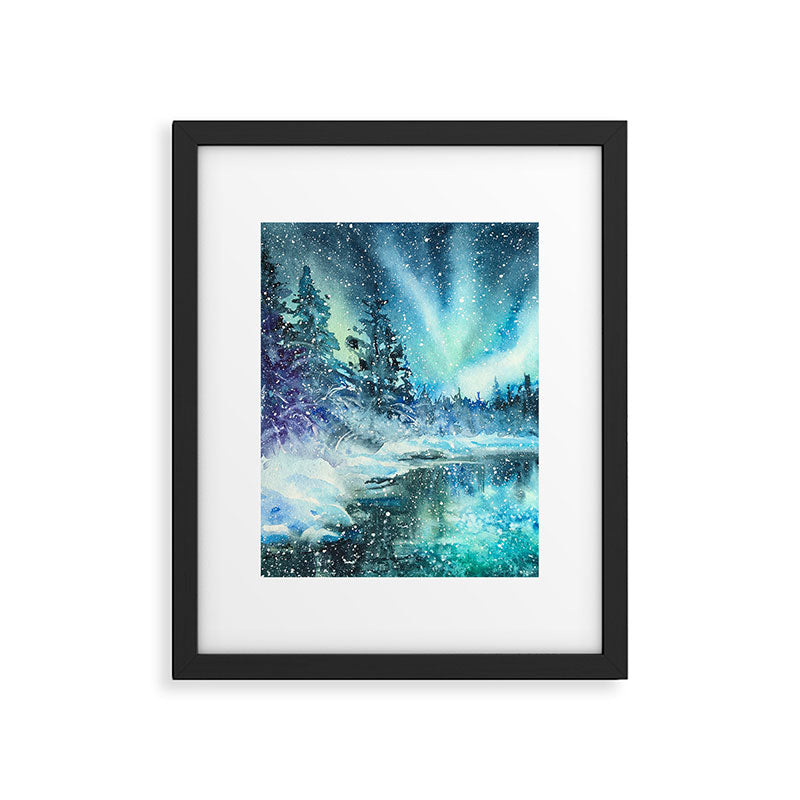 Snowy Northern Lights Forest Landscape Framed Art Print Gallery Image 5
